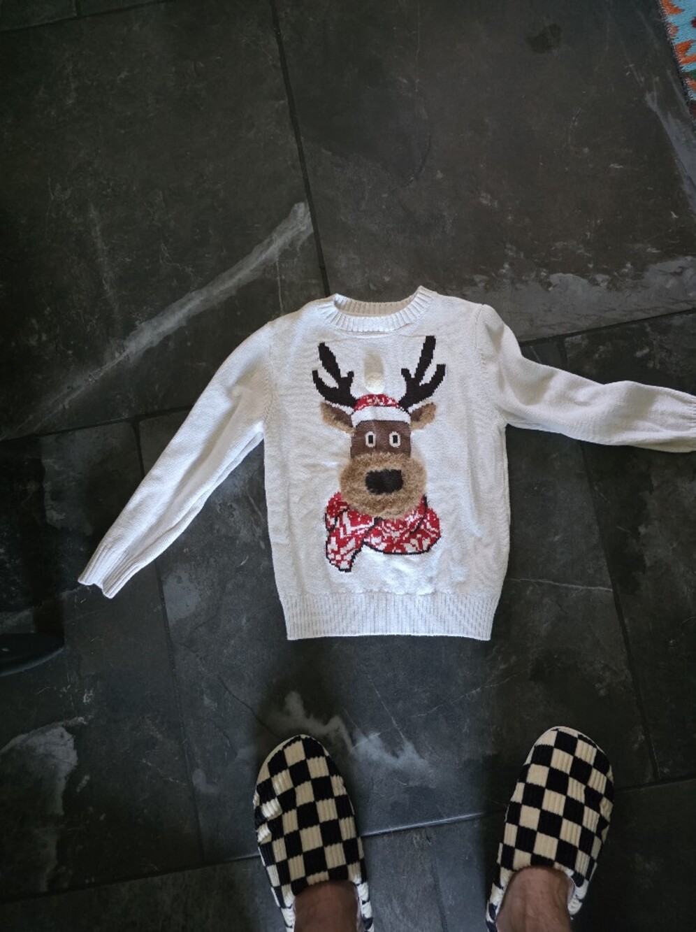 Kids White Reindeer Sweater with Red Scarf